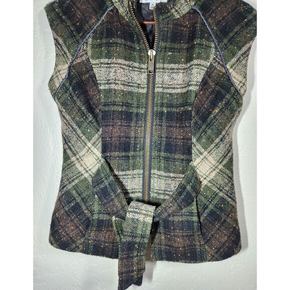 EUC CAbi Womens Size S Tweed Vest Zip Front All Tied Up Wool Blend Green Plaid - Picture 5 of 8
